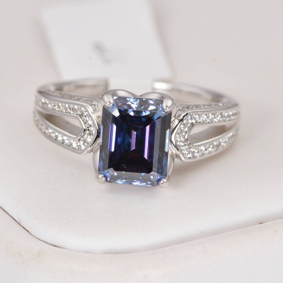 3ct Ring Deep Purple Emerald Cut Moissanite Engagement Ring - Picture 3 of 7